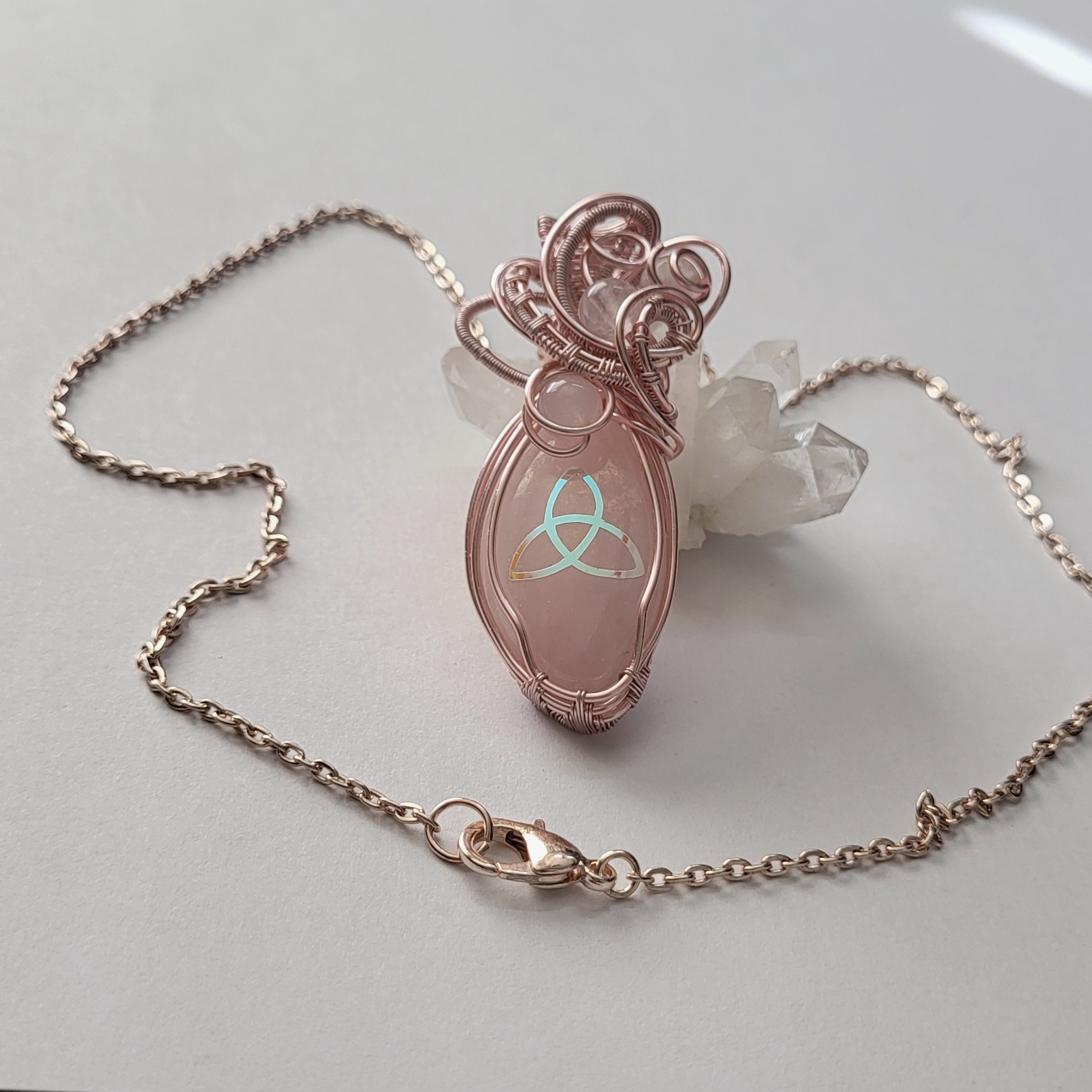 Rose Quartz With Celtic Protection Symbol Triquetra Gold Plated Pendant Necklace